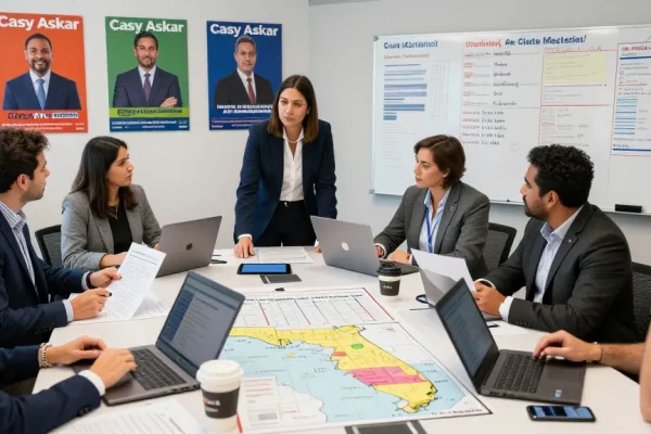 Casey Askar's campaign team reviewing strategy in an energetic environment.