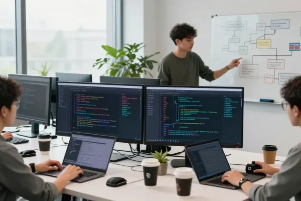 Bungeeexchange team collaborating in a modern tech workspace, showcasing blockchain analytics and smart contract development.
