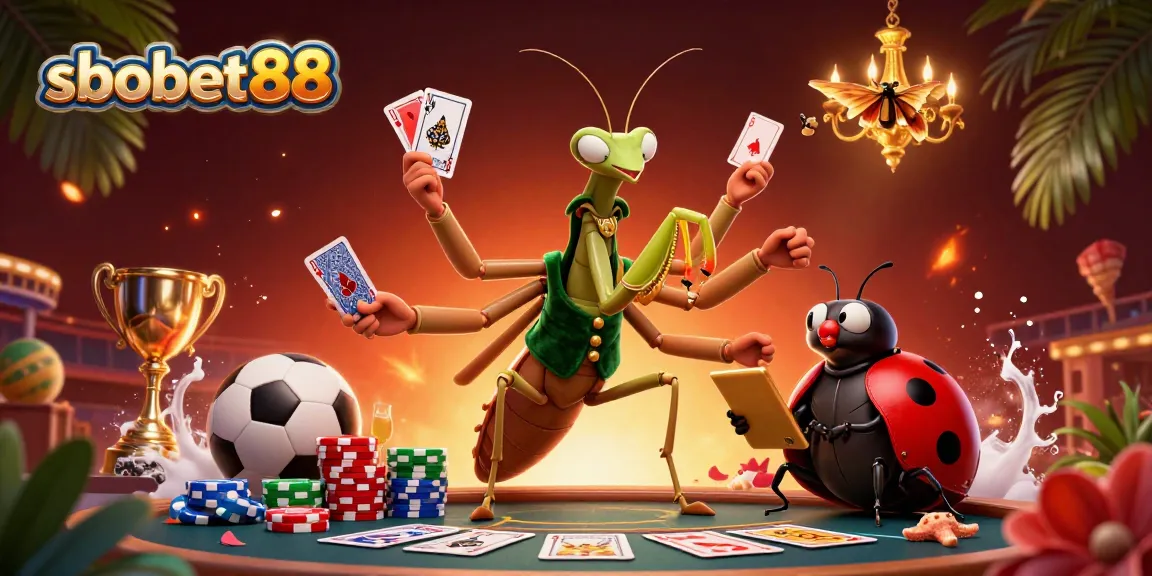 Bet on sbobet88 with excitement as the giant mantis deals cards in a vibrant sports betting scene.