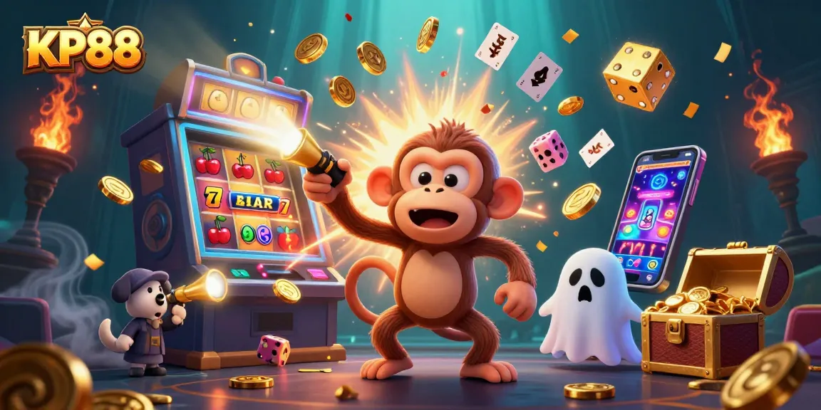 A mischievous poltergeist monkey juggles casino treasures at KP88 while a curious puppy tracks it.